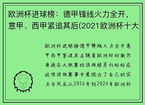 欧洲杯进球榜：德甲锋线火力全开，意甲、西甲紧追其后(2021欧洲杯十大进球)