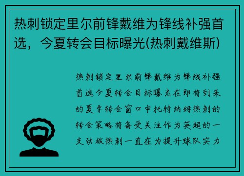 热刺锁定里尔前锋戴维为锋线补强首选，今夏转会目标曝光(热刺戴维斯)